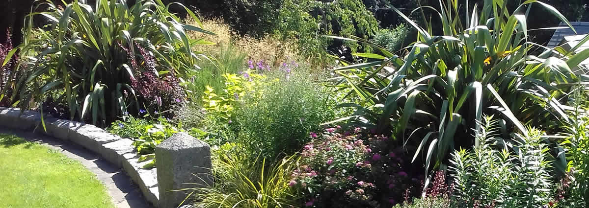 Curved stone wall in front of mixed flower bed in an exposed garden